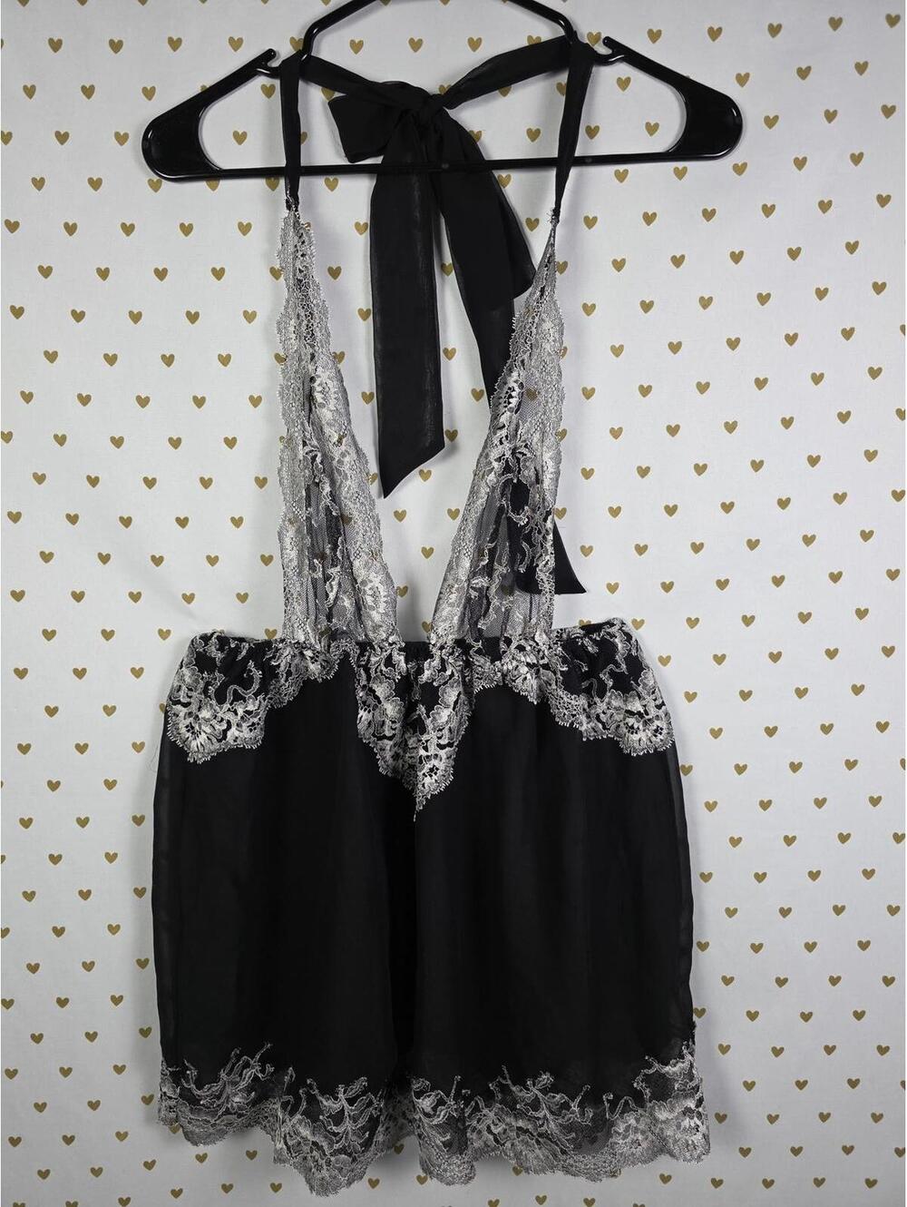 Victorias Secret Black Sexy Lace accent Sheer Nightie Lingerie Large Tie back